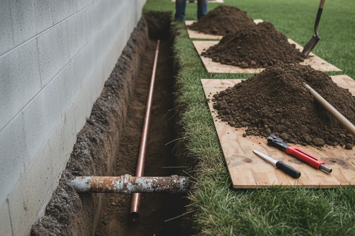 Excavated water line trench during Sewer Line Repair in Perry